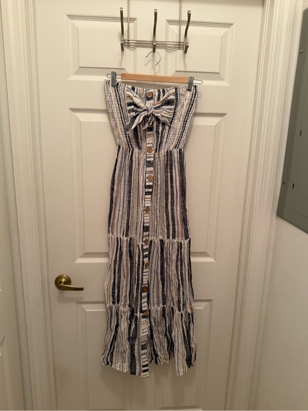 blue island Navy and White Striped Button-Front Maxi Dress